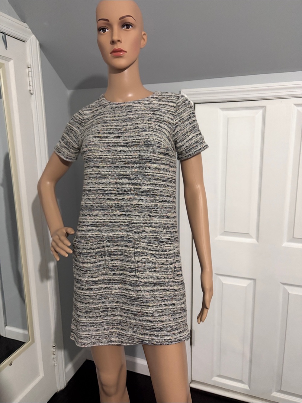 LOFT Heathered Short-Sleeve Shift Dress - Gray Mix